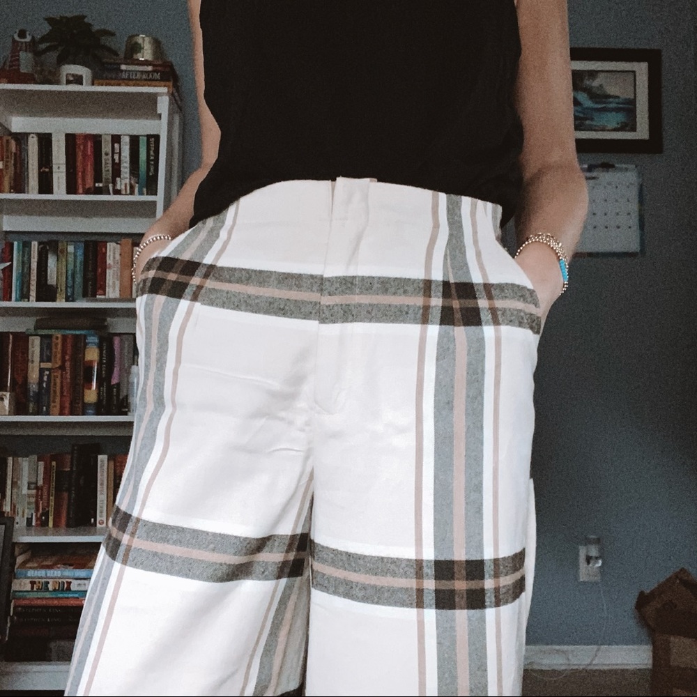 Plaid flannel trousers neutral tones